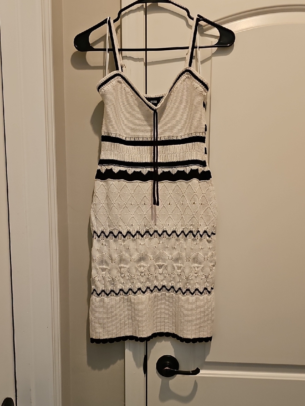 Cream Knit Spaghetti-Strap Mini Dress with Black Trim